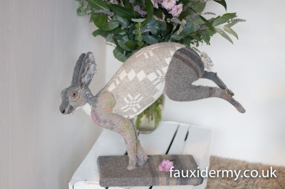 Textile Taxidermy, fauxidermy, textile art, faux taxidermy, helly powell textile artist, melin tregwynt, year of myths and legends, visitwales, beasts of the mabinogion, Leaping Hare, Mabinogion,